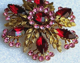Vintage Gold Leaf Ruby Red Pink Crystal Rhinestone Brooch