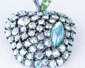 Signed ART Arthur Pepper Aqua AB Rhinestone Art Glass Apple Brooch Pin