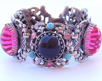 Selro Pink Black Rhinestone Glass Bracelet