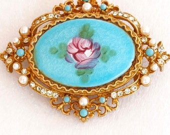 Signed ART Arthur Pepper Blue Guilloché Enamel Pink Rose Oval Brooch Pin