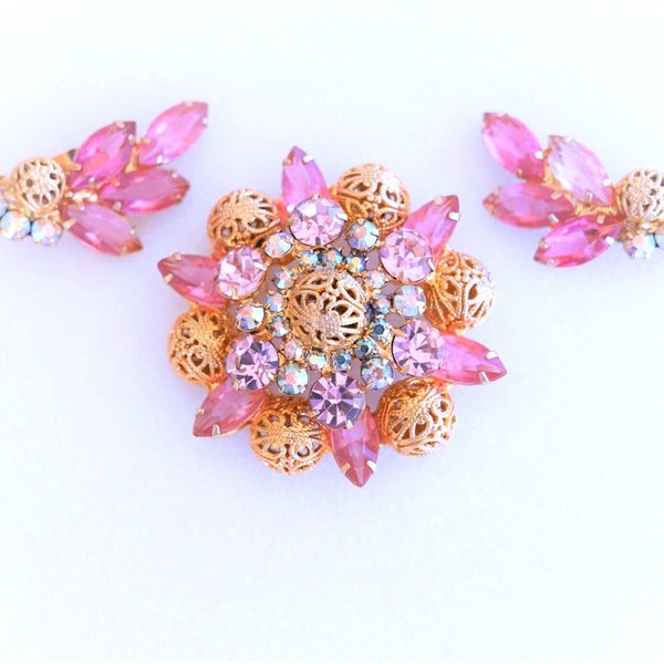 Juliana D&E Rose Pink Blue AB Rhinestone Gold Filigree Ball Brooch Earring Set