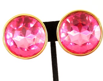 Napier 80s Headlights Couture Hot Pink Gold Clip On Earrings Huge Rare