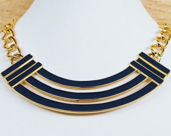 Vintage MONET 80's Gold Black Enamel Couture Statement Collar Necklace Original Tag
