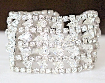 Vintage 1950s Huge Wide Hollywood Glamour Rhinestone Cuff Bracelet