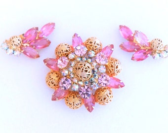 Juliana D&E Rose Pink Blue AB Rhinestone Gold Filigree Ball Brooch Earring Set