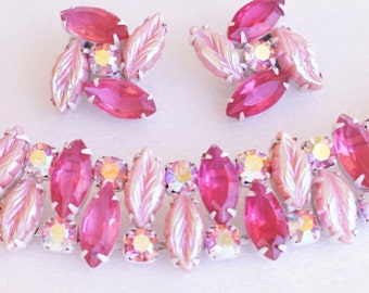 Vintage Regency Florenza Pink Satin AB Rhinestone Carved Leaf Bracelet Earring Set