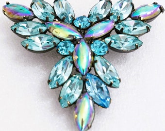 Rare Regency Japanned Aqua Blue Art Glass Rhinestone Brooch Pin