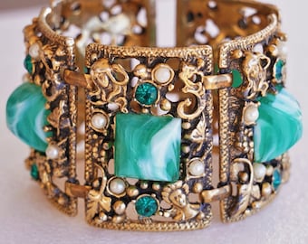 Selro Ornate Gold Wide Figural Faces Rhinestone Green Lucite Victorian Bracelet Smaller 6" Wrist