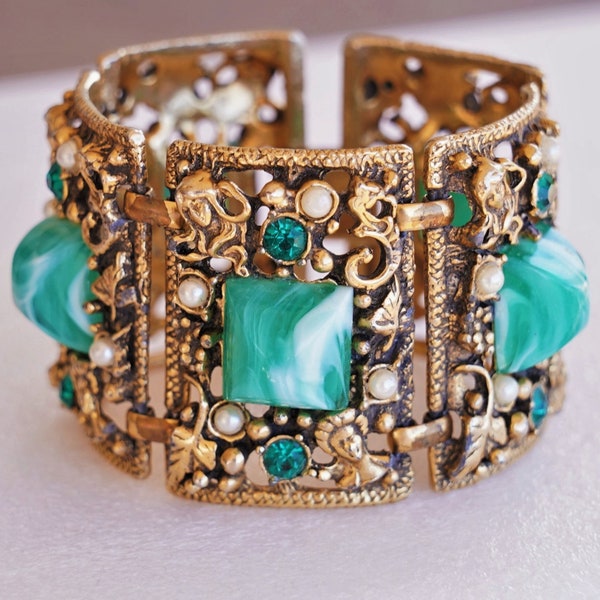 Selro Ornate Gold Wide Figural Faces Rhinestone Green Lucite Victorian Bracelet Smaller 6" Wrist