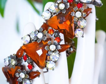 Selro Selini Carnelian Brown Red Orange  AB Rhinestone Chunky Triangle Floral Bracelet