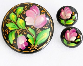 Vintage Signed Hand Painted Russian Black lacquer Flower Floral Brooch Pin Pendant Earring Set