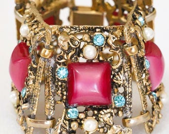 Selro Ornate Wide Figural Faces Aqua Rhinestone Rose Pink Lucite Bracelet