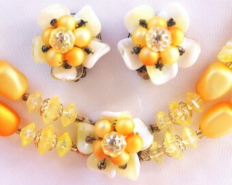 1950s Hong Kong Yellow Floral Potato Chip 2 Strand Necklace Earring Set Parure