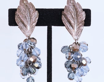 Signed Sandor Blue AB Crystal Glass Antiqued Silver Leaf Clip On Earrings