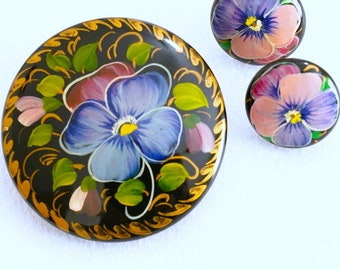 Vintage Signed Russian Black lacquer Flower Brooch Pin Pendant Earring Set