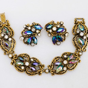 Florenza Purple AB Carnival Glass Rhinestone Bracelet Earring Set