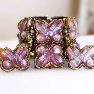 Rare Selro Confetti Lucite Amethyst Rhinestone Butterfly Bracelet Earring Set