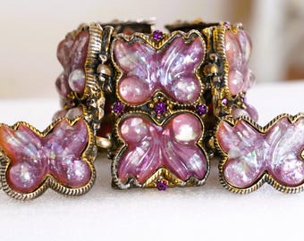 Rare Selro Confetti Lucite Amethyst Rhinestone Butterfly Bracelet Earring Set