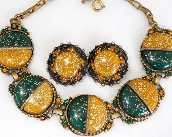 Selro Green Gold Glitter Lucite Rhinestone Choker Bib Necklace Earring Set