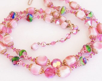 Vendome West Germany Pink Crystal Venetian Bead Necklace