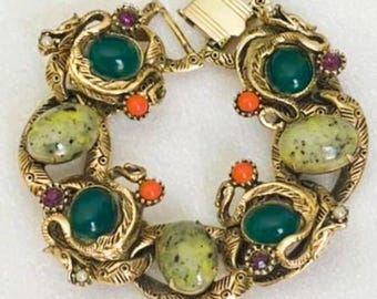 Vintage Selro Chunky Dragon Figural Art Glass Amethyst Rhinestone Coral Bracelet