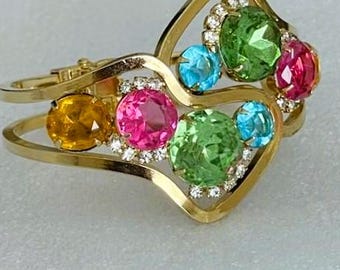 Juliana Huge Gold Fruit Salad Rhinestone Crystal Glass Clamper Hinged Bracelet