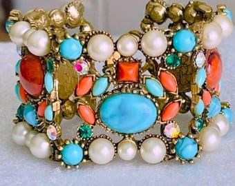 Vintage Southwest Faux Coral Turquoise Pearl Rhinestone Bracelet