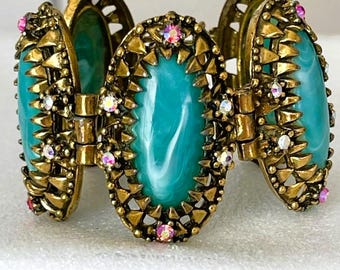 Vintage Victorian Revival Antiqued Gold Tone Faux Aqua Turquoise Pink AB Rhinestone Bracelet