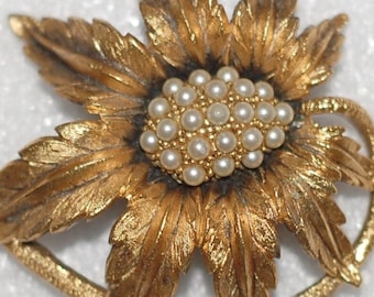 Tortolani Gilt Gold Pearl Sunflower Brooch Pin