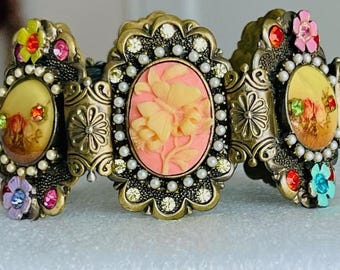 Sweet Romance 1980's Victorian Revival Floral Jeweled Bracelet
