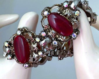 Vintage Victorian Revival Burgandy Red Lucite AB Rhinestone Bracelet