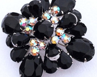 Juliana D&E Domed Black Jet Glass AB Rhinestone Brooch Pin