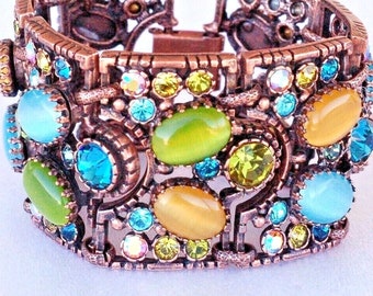 Rhinestone Glass Chunky Cuff Bracelet Sweet Romance Vintage Jewelry