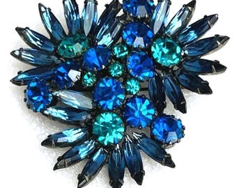 Regency Blue Teal Rhinestone Flower Floral Brooch Pin Rare