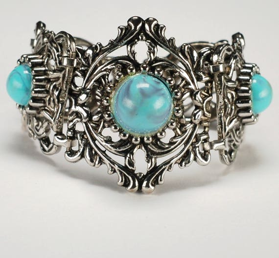 Vintage Chunky Faux Turquoise Silver Bracelet - image 1
