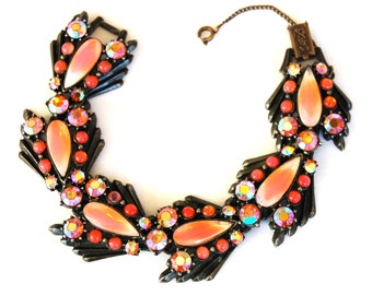 Florenza Japanned Orange Peach Art Glass Rhinestone Bracelet Vintage