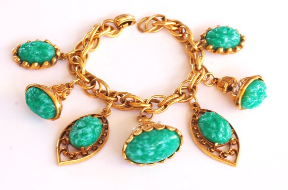 Ornate Jade Fob Chunky Charm Bracelet Vintage Jewe