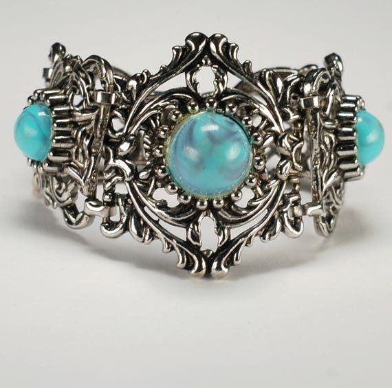 Vintage Chunky Faux Turquoise Silver Bracelet - image 4