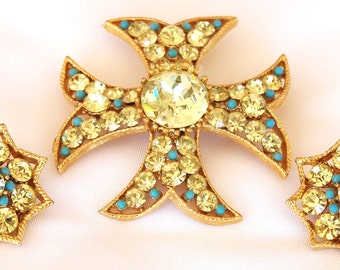 BSK Rhinestone Brooch Earring Set Maltese Cross Vintage Jewelry