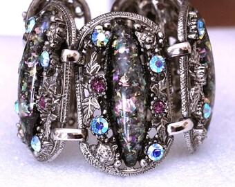 Selro Black Confetti Lucite Purple AB Rhinestone Faces Figural Bracelet