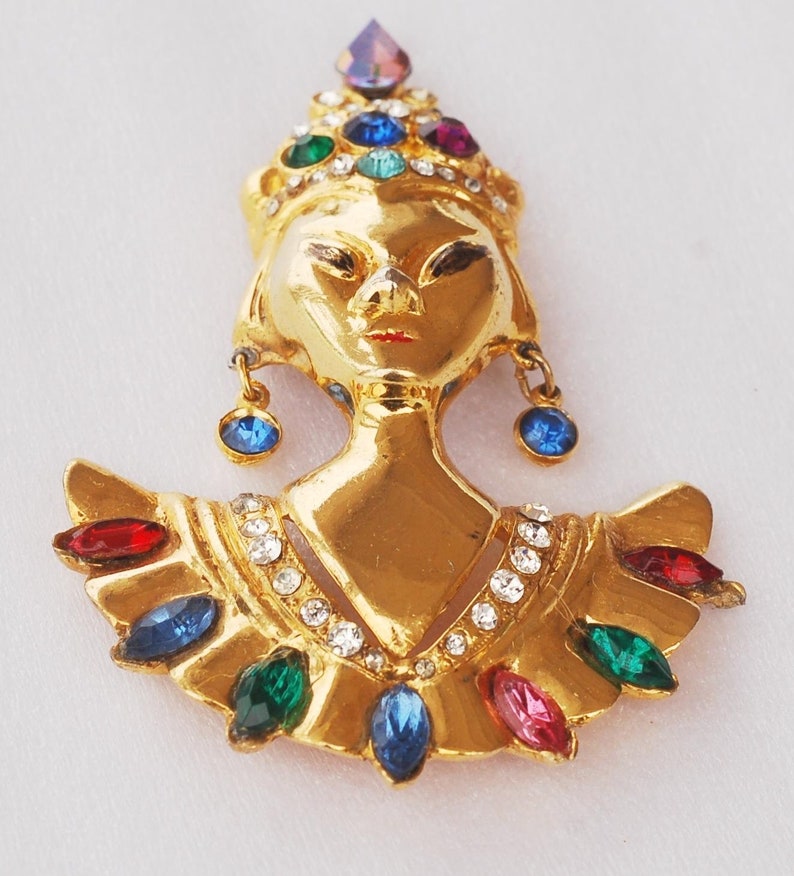 Reinad Rhinestone Gold Brooch Asian Princess 1950s Rare | Etsy