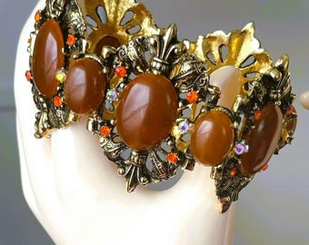 Vintage Huge Gold Carnelian Brown Lucite Orange AB Rhinestone Bracelet Earring Set