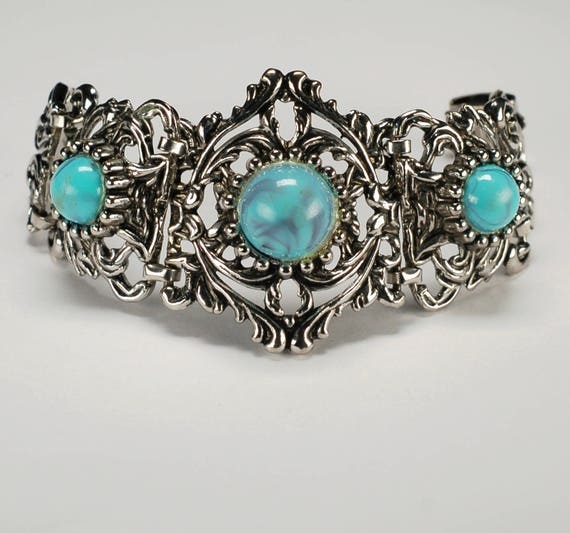 Vintage Chunky Faux Turquoise Silver Bracelet - image 2
