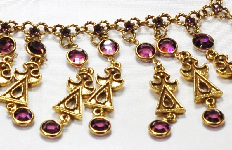 Goldette Egyptian Purple Crystal Rhinestone Necklace Earring Set Vintage Jewelry image 5