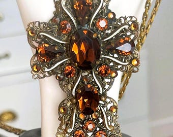 Vintage Victorian Austro-Hungarian Style Brass Amber Topaz Crystal Enamel Cross Pendant Necklace