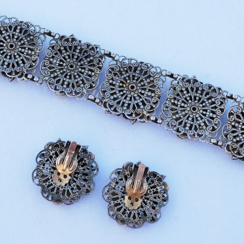 Vintage ART shops Antiqued Silver Red Rhinestone Pearl Bracelet Earring Parure Set
