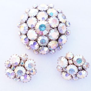 Vintage Weiss Warner Domed AB Rhinestone Brooch Pin Earring Set Parure