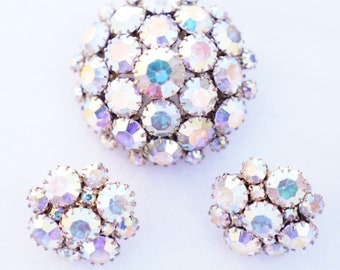 Vintage Weiss Warner Domed AB Rhinestone Brooch Pin Earring Set Parure