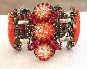Selro Huge Ornate Orange Confetti Lucite Rhinestone Chunky Bracelet