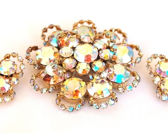 Juliana D&E Halo AB Rhinestone Brooch Earring Set Vintage Jewelry